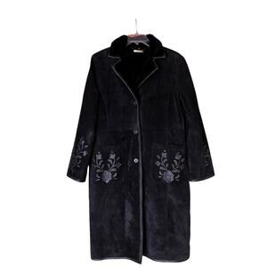 Brandon Thomas Black Suede Floral Appliqué Faux-Fur Lined Coat XL (Fits L)